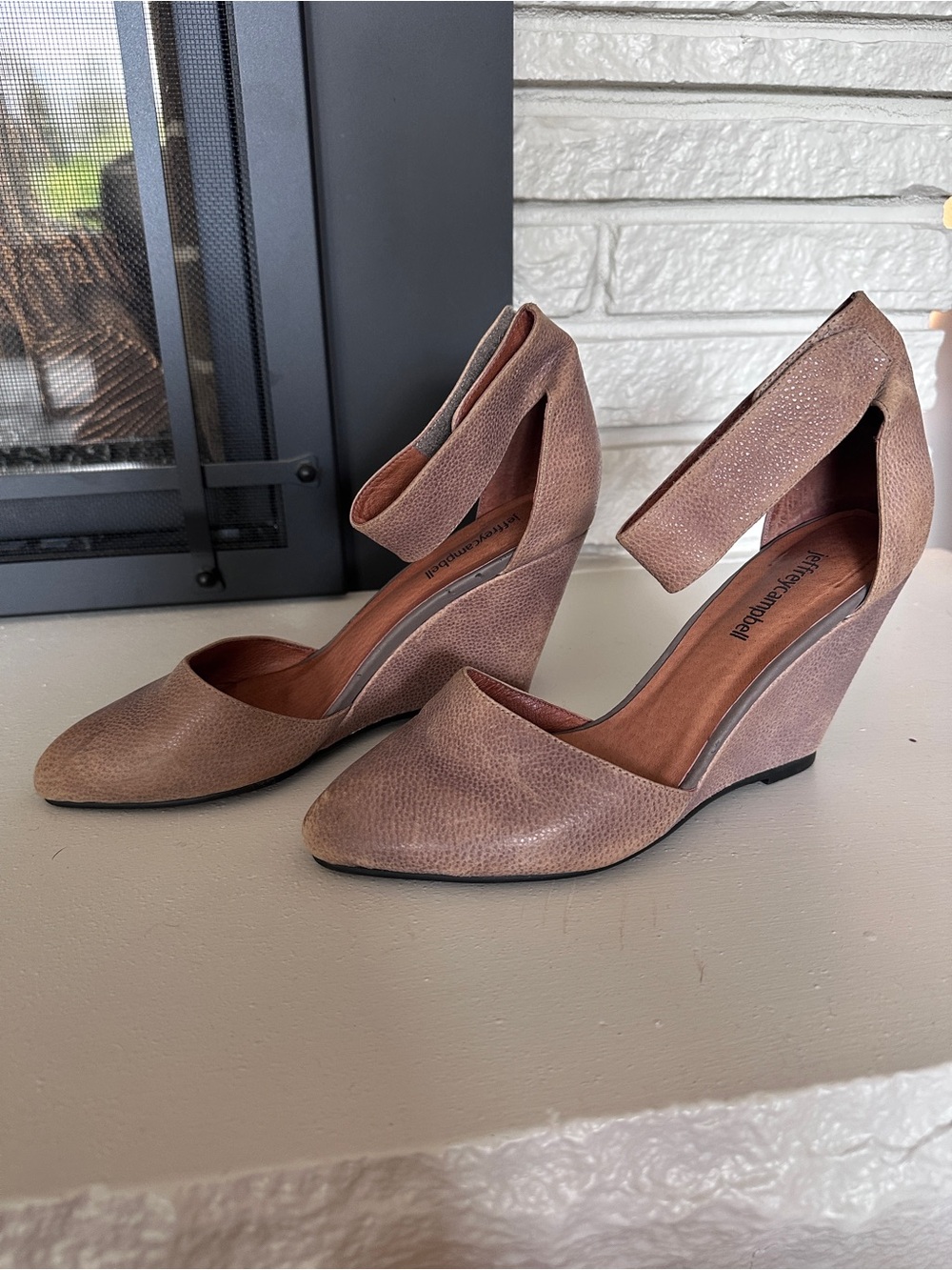 Jeffrey Campbell Tatum Wedge Heels Taupe Pebbled Leather Pointed Toe Ankle Strap